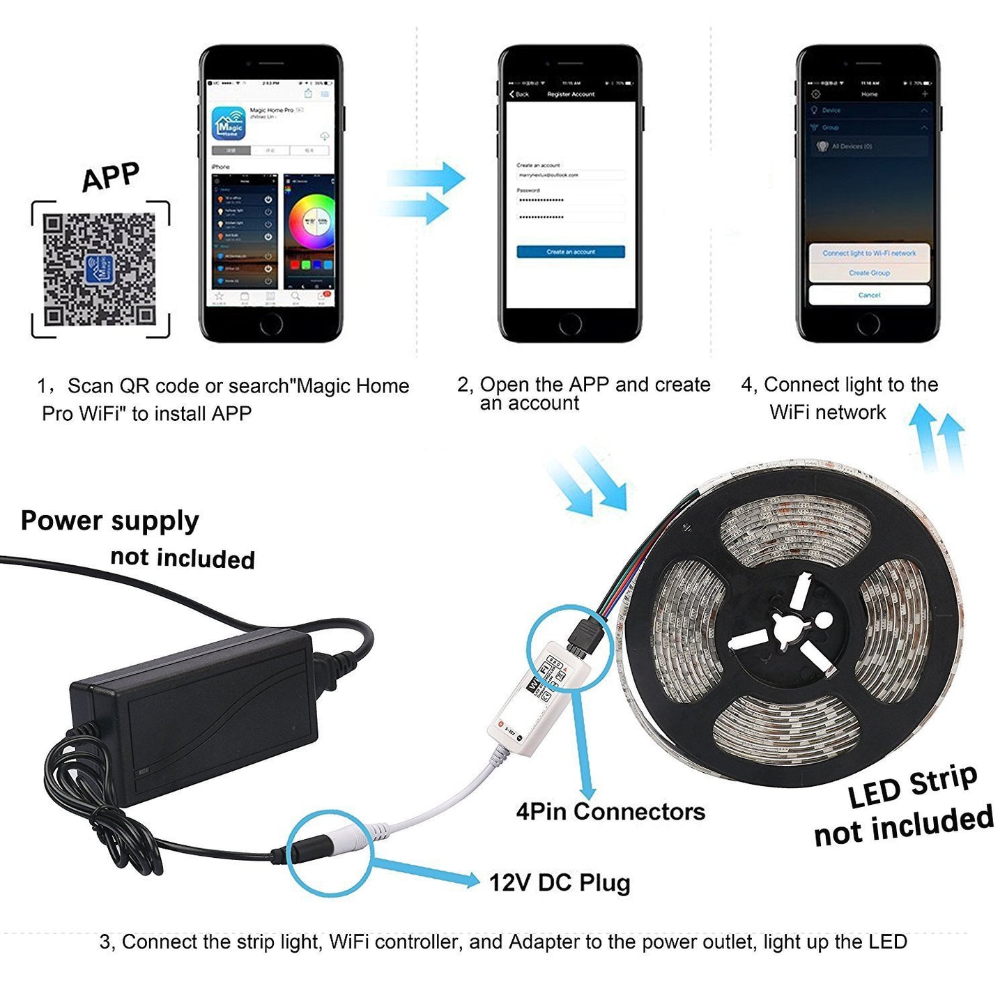 WiFi IP65 Waterproof LED Light Strip Music Sync Remote Controlled by Alexa Echo Android ISO Smart Phone 16.4ft Cuttable 12V RGB 300LED SMD5050 Strip with 24 Keys Controller & 8Amp 96W Power Supply - LEDStrips8