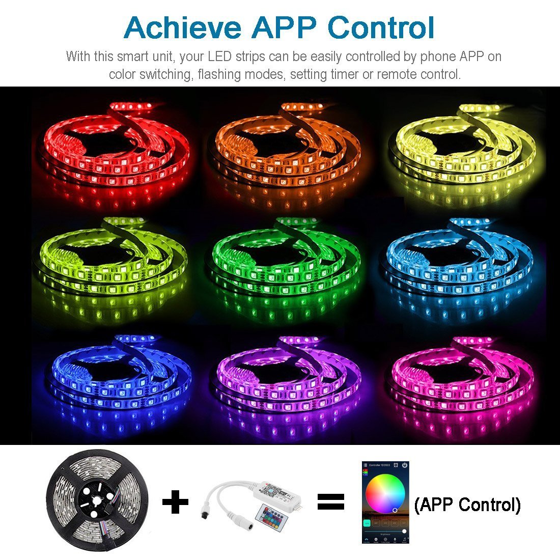 WiFi IP65 Waterproof LED Light Strip Music Sync Remote Controlled by Alexa Echo Android ISO Smart Phone 16.4ft Cuttable 12V RGB 300LED SMD5050 Strip with 24 Keys Controller & 8Amp 96W Power Supply - LEDStrips8