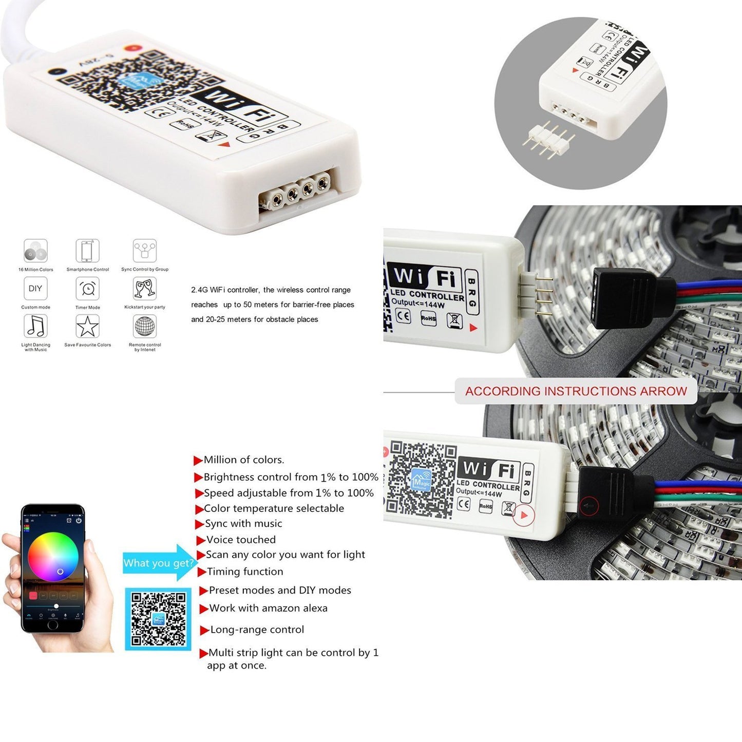 WiFi IP65 Waterproof LED Light Strip Music Sync Remote Controlled by Alexa Echo Android ISO Smart Phone 16.4ft Cuttable 12V RGB 300LED SMD5050 Strip with 24 Keys Controller & 8Amp 96W Power Supply - LEDStrips8