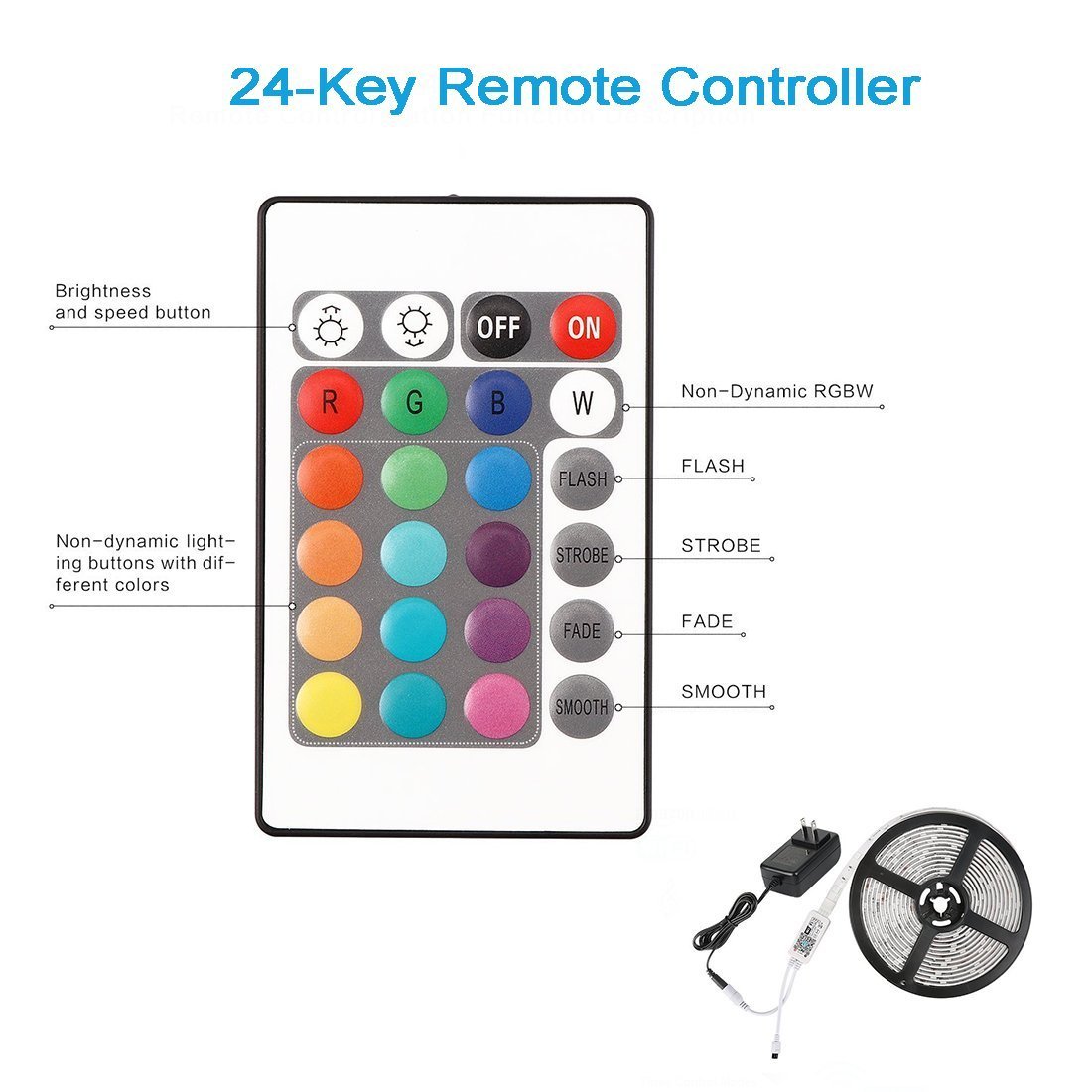 WiFi IP65 Waterproof LED Light Strip Music Sync Remote Controlled by Alexa Echo Android ISO Smart Phone 16.4ft Cuttable 12V RGB 300LED SMD5050 Strip with 24 Keys Controller & 8Amp 96W Power Supply - LEDStrips8