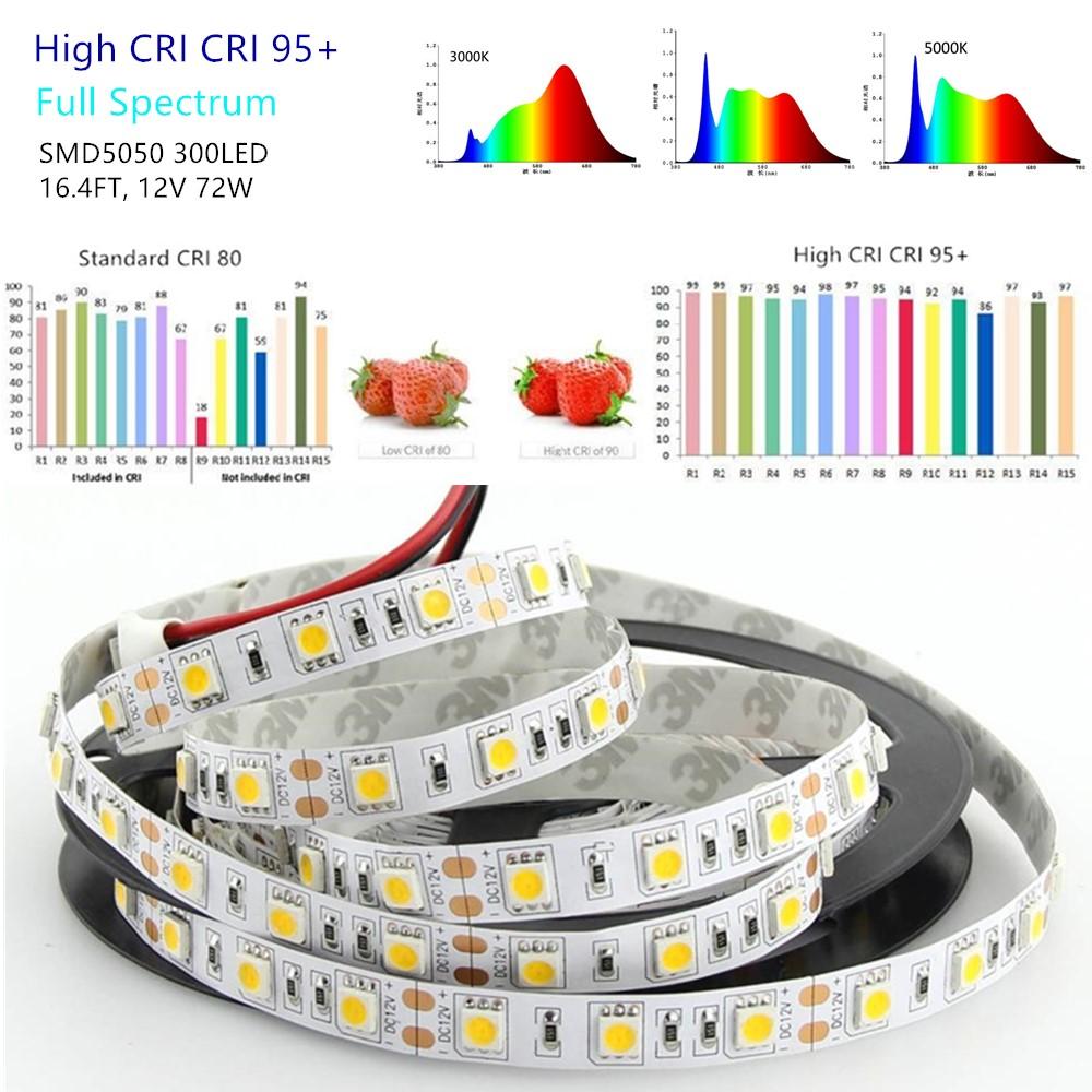 16.4Feet (5Meter) Roll SMD5050 300LED 12VDC 72Watt Rated True Color CRI95+ High Color Accuracy LED Flexible Strip Light that Produce 380nm-780nm Full Spectrum Natural Light