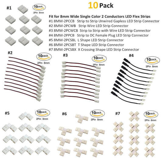 10pcs/Pack Solderless Snap Down 2Conductor LED Strip Connectors for 8mm Wide  2835 Single Color Flex LED Strips - LEDStrips8