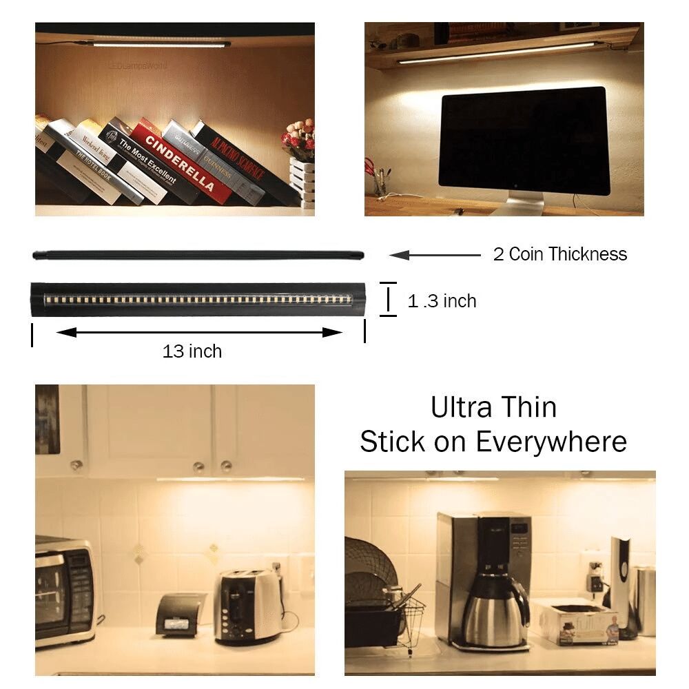 Ultra Thin LED Under Cabinet/Counter Kitchen Lighting Plug-in, Dimmable 2 Coin Thickness LED Light with 42 LEDs, Easy Installation Warm White 12V/2A 5W/450LM CRI90, 3 Pack, All in One Kit - LEDStrips8